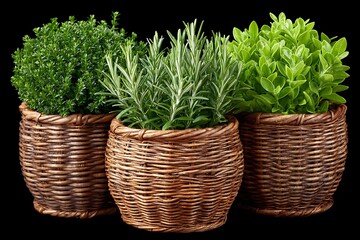 Naklejka premium Herbs in wicker baskets on black.