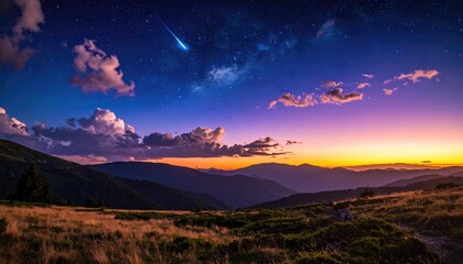 Night landscape featuring a meteor shower over mountain range silhouetted against sunset with vibrant orange sky perfect for travel concepts
