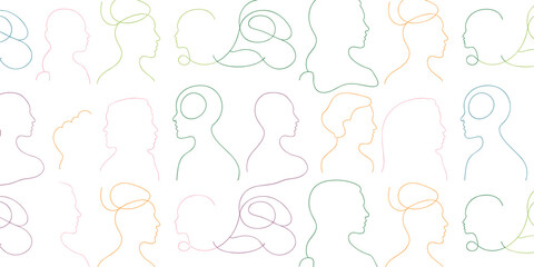 Continuous line art female face silhouettes pattern featuring abstract woman profiles, beauty, fashion style and modern minimal portrait design © Nur
