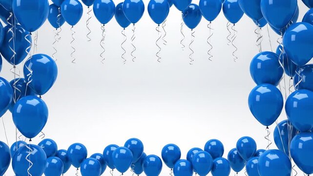 Background animation with many floating blue balloons on silver ribbons. Celebration design element for party, birthday, or anniversary.