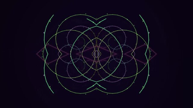 Hypnotic digital art composition showcasing an intricate symmetrical pattern of glowing geometric circles and arcs on a deep dark background, evoking a sense of modern abstraction