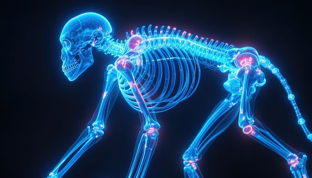Glowing blue monkey skeleton with highlighted joints on dark background