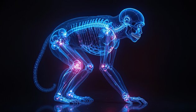 Glowing blue monkey skeleton with highlighted joints on dark background