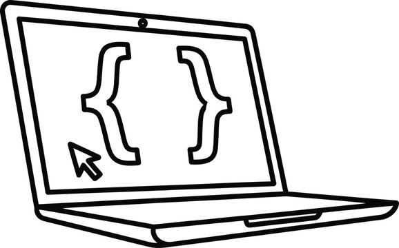 Laptop with curly braces on screen and mouse cursor