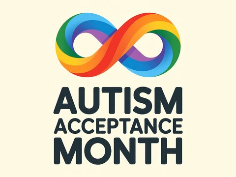 Autism acceptance month awareness symbol with rainbow infinity loop design