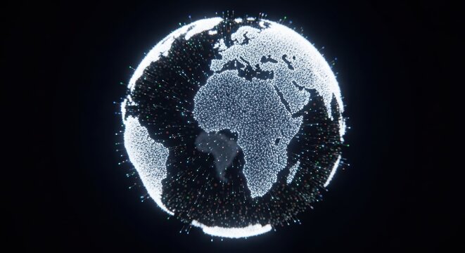 Digital globe made of glowing particles representing global connectivity and data network