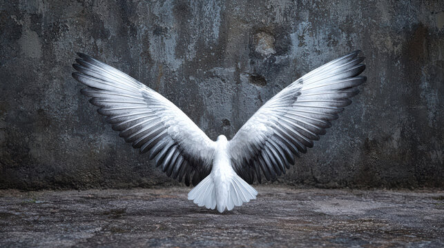 A beautiful white bird stretches its wings in front of a weathered stone wall, creating a striking and powerful image of freedom and grace in nature's embrace.