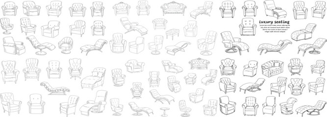 A diverse collection of luxury seating options, showcasing various styles and designs on a white background.