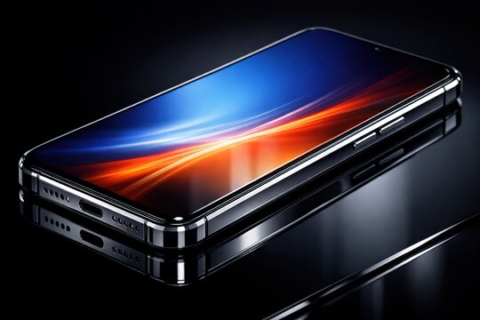 Sleek Smartphone with Vibrant Display on Reflective Black Surface