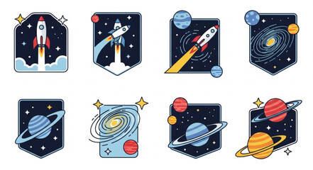 Space exploration rocket ship and planet emblems collection. © Rifki