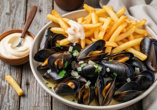 Mussels with fries served in bowl on wooden table with sauce  