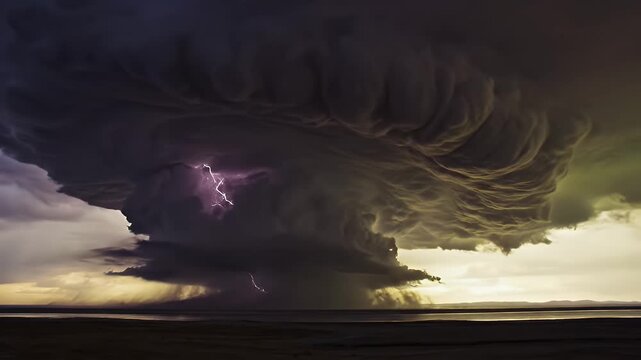 A massive, swirling supercell thunderstorm dominates the landscape, with lightning flashes