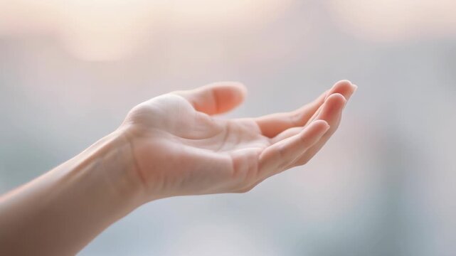 Close up of open human hand with blurred soft background showing gesture of giving or receiving