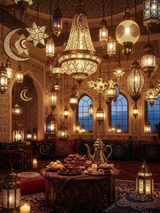 Obraz premium Elegant interior scene with hanging lanterns and traditional ornaments