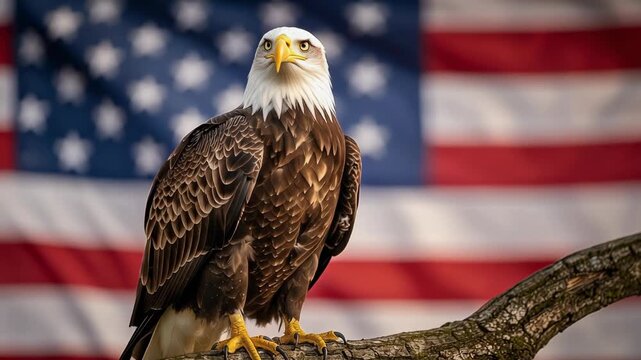Majestic bald eagle perched on branch with American flag blurred background symbolizing patriotism