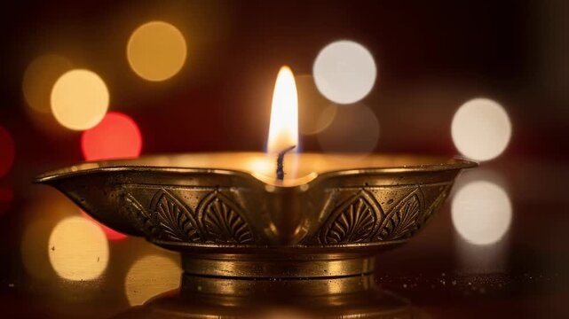 Traditional brass oil lamp with glowing flame and blurred colorful lights in background for festive decoration