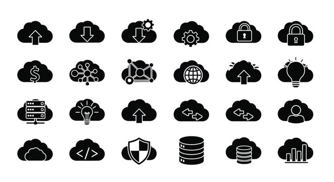 Collection of black glyph icons representing technology and business silhouette
