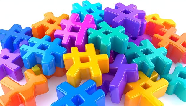 Colorful 3D hashtag symbols in a vibrant pile for modern digital marketing use