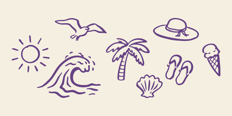 Fototapeta premium Beach summer vacation set naive outline sketch vector illustration