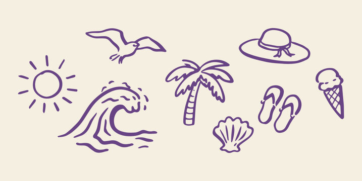 Beach summer vacation set naive outline sketch vector illustration