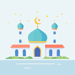 Fototapeta premium Flat design illustration of a serene mosque with its iconic dome, graceful minarets, and a symbolic crescent moon, representing Islamic faith, devotion, and spiritual peace
