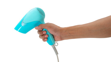 handheld Cyan blue hair dryer isolated on white background. Portable electric blow dryer for hair styling. © Suprachai