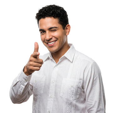 Young latino man finger gun gesture winking confident emotion white guayabera shirt half body portrait isolated white background png transparent cutout studio fashion advertising graphic