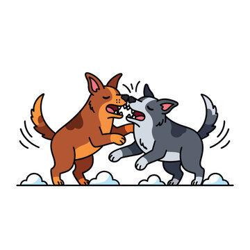 Two dogs fighting on snow-covered ground, cartoon illustration, dynamic action, playful scene, animal conflict