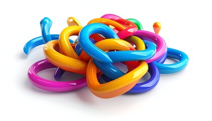 Fototapeta premium Colorful intertwined torus shapes in a playful pile against a white background