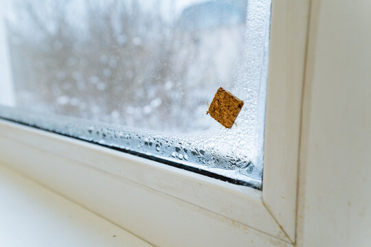 Seal Window Crack, Adhesive Square Seals Inner Glass Area, Homeowner Applies Quick Fix To Reduce Air Flow, Sealant Patch On Window Glass Minimizes Drafts And Hides Residue Effectively