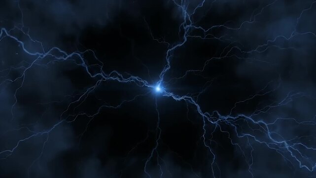 An artistic depiction of energy. Blue lightning bolts explode from a central light source