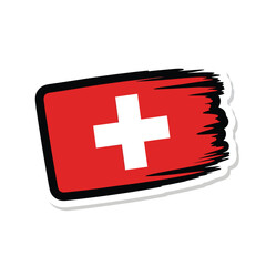 Obraz premium A red sticker with a white cross, symbolizing Switzerland, on a neutral background viewed from a straightforward angle.