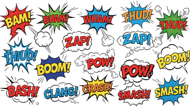 Energetic Comic Book Sound Effects Collection: Colorful Explosions and Dynamic Text for Creative Design Projects, Adding Impact and Humor to Visual Storytelling