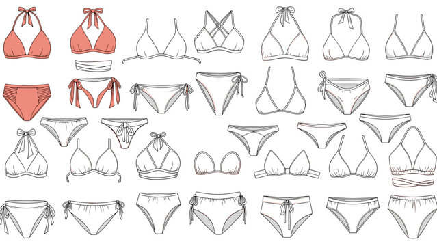 Stylish Swimwear Collection: A Diverse Set of Bikini Designs for Summer Fashion, Beachwear, and Vacation Apparel, Featuring Halter Tops, Triangle Bras, and Tie-Side Bottoms in Various Styles