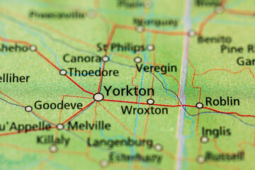 Macro image of Yorkton and surrounding Saskatchewan road map.