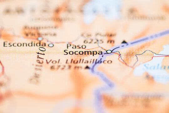 Map detail of Paso Socompa and Llullaillaco volcano in Chile Argentina border.