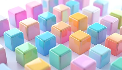 Obraz premium Colorful pastel cube blocks arranged in neat grid 3D geometric toy shapes pattern