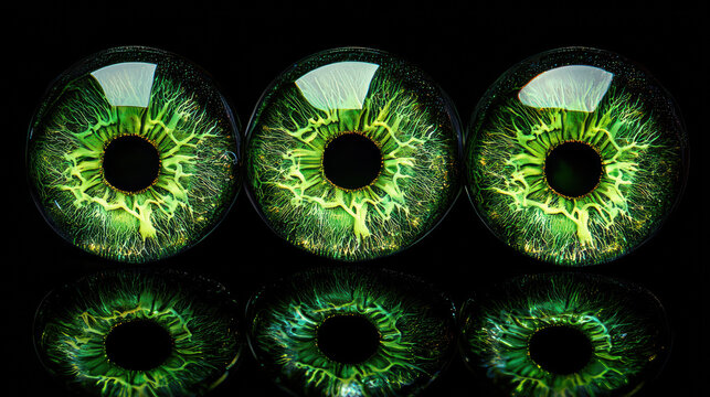 Three vibrant green eye spheres with intricate iris details are strikingly reflected against a glossy black surface showcasing captivating optical beauty, all the same size.