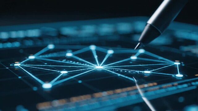 Digital transformation concept with stylus connecting network nodes on touchscreen for futuristic business or technology presentation