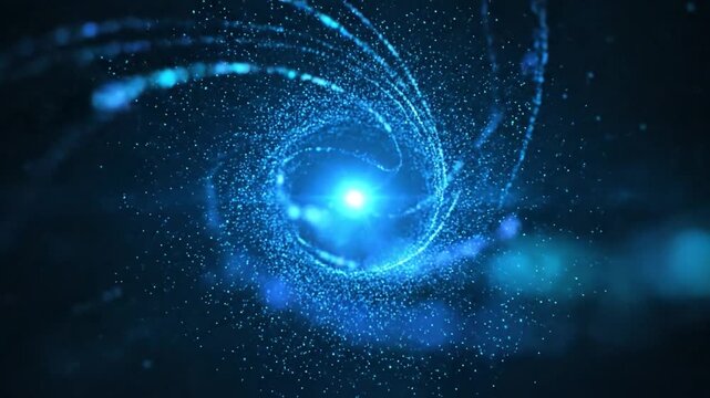 Elegant blue particle swirl animation on dark background with glowing light source digital render
