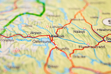 Close up road map of Krokom and ?stersund in Sweden.