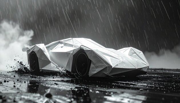 Origami car speeds through rain storm on wet road with smoke