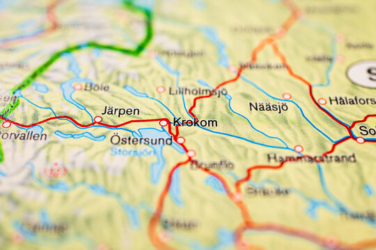 Close up road map of Krokom and ?stersund in Sweden.