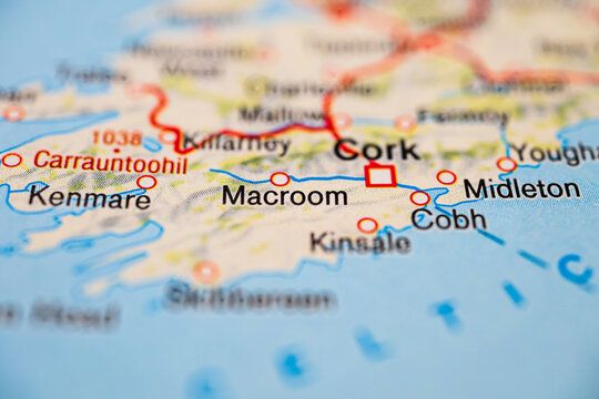 Close up atlas map of Macroom and Cork region in Ireland.