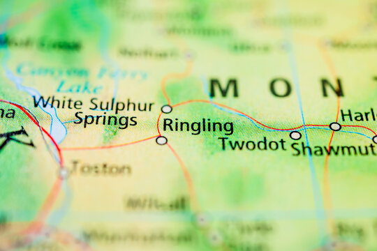 Ringling and White Sulphur Springs Montana map close up with regional roads.