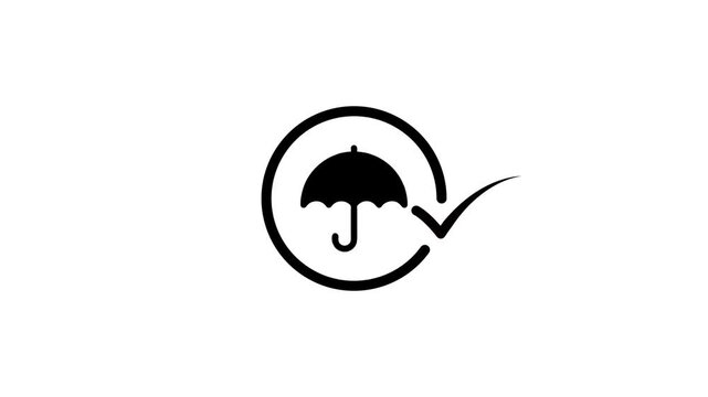 Minimalist black umbrella icon animation with check mark sign on white background representing insurance and safety