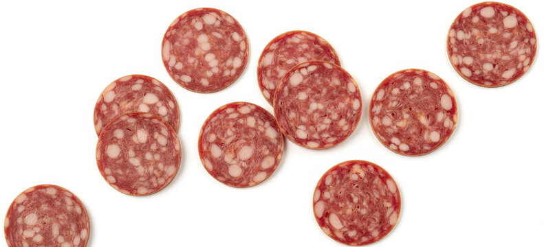 Sliced salami on white background sliced meat cured meat