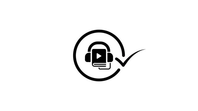 Audiobook and learning concept with headphones and book icon in circle with check mark motion