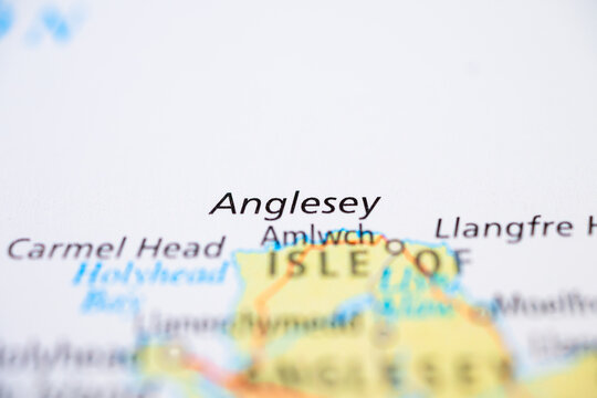 Anglesey island and Amlwch on Wales road map close up highlighting regional geography and routes.