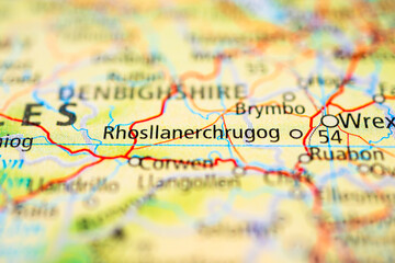 Naklejka premium Detailed map close up featuring Rhosllanerchrugog and Wrexham in Wales.